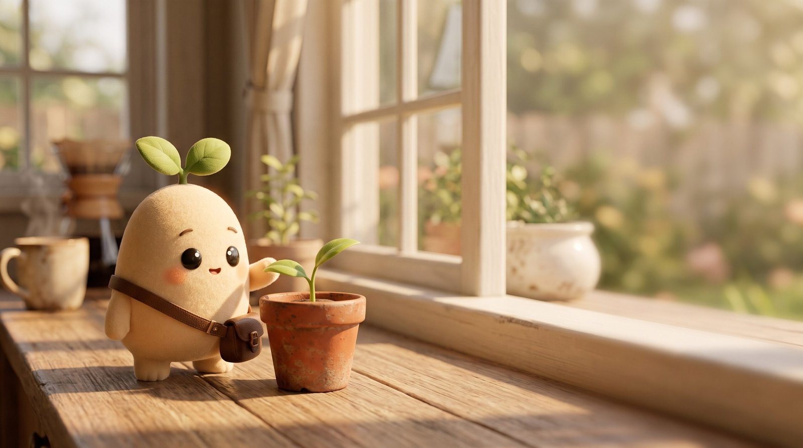 Pip, a small seed character, standing on a sunlit windowsill beside a sprouting plant